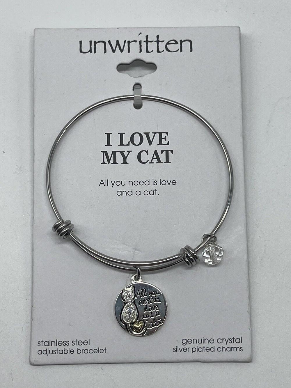 Unwritten I LOVE MY CAT Crystal Charm Bangle Bracelet New